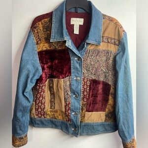 J. Jill Patchwork Jean Jacket - Burgundy, Tan, Blue